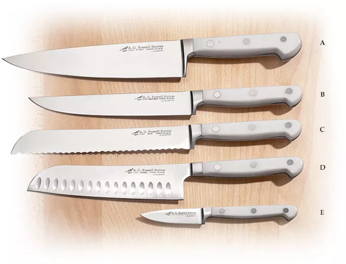 A. G. Russell White Synthetic Handle Kitchen Knives