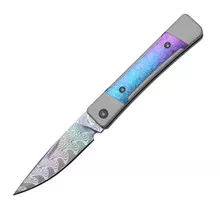 (Limited Edition) Kizer Little Grand Folding Knife Aluminum/Crystallized Titanium Handle Rainbow Damascus Drop Point Plain Edge Ki2670A4