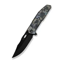 (PWE Knife Barracks Folding Knife Pixel Pattern Titanium Handle M390 Clip Point Plain Edge Black Stonewashed Bevels Black Brushed Flats Blade WE25078-3