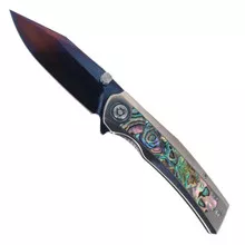 (Scratches) Open Box/Returned SixLeaf Folding Knife Silver Titanium/Mother of Pearl Handle Damascus Plain Edge Dragon Scale Blade Finish SL-106-7-Dragon